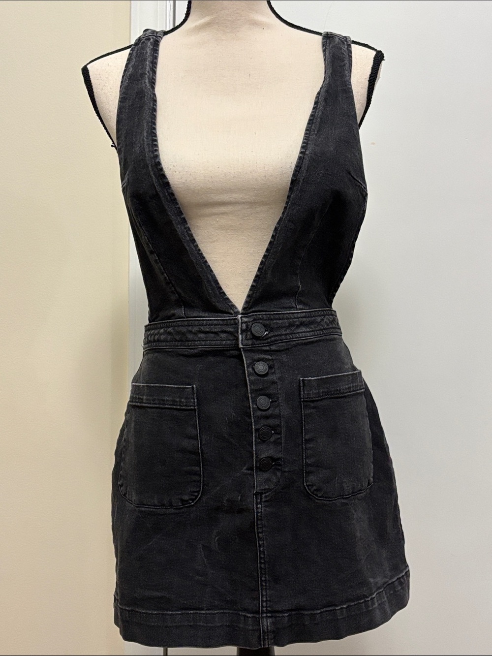 Free People Black Deep V Denim Overall Dress